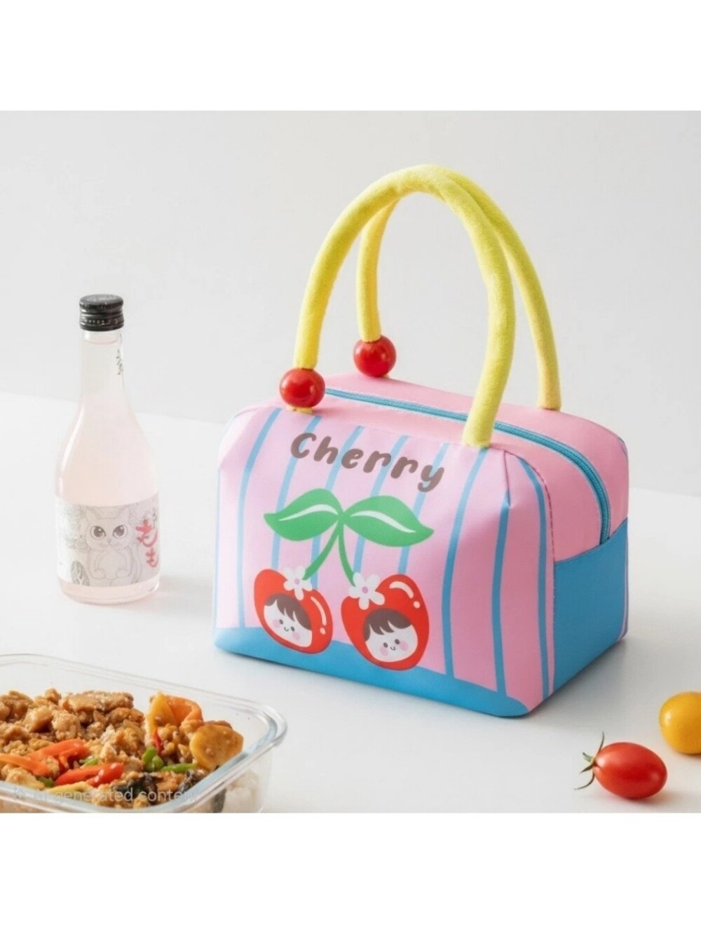 Cartoon Cherry Print Insulated Lunch Bag Snacks Cooler Tote Girls Cherries New